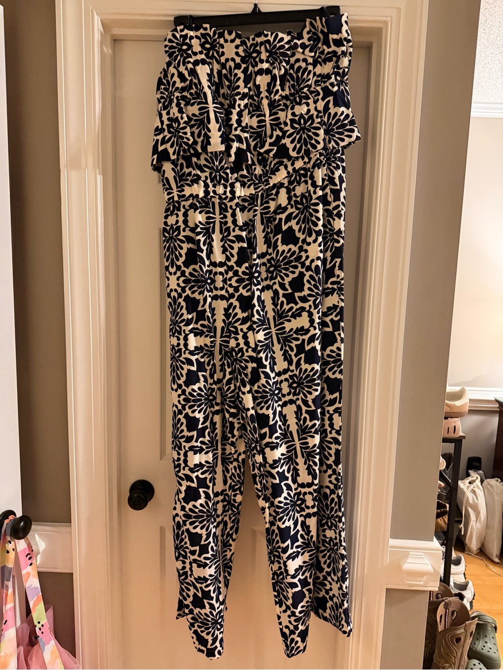Chic Soul Navy and White Strapless Floral Jumpsuit